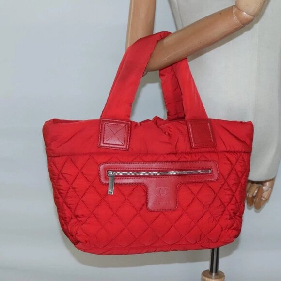 CHANEL Coco Cocoon Hand Bag Nylon Red Silver CC Auth - Picture 1 of 15